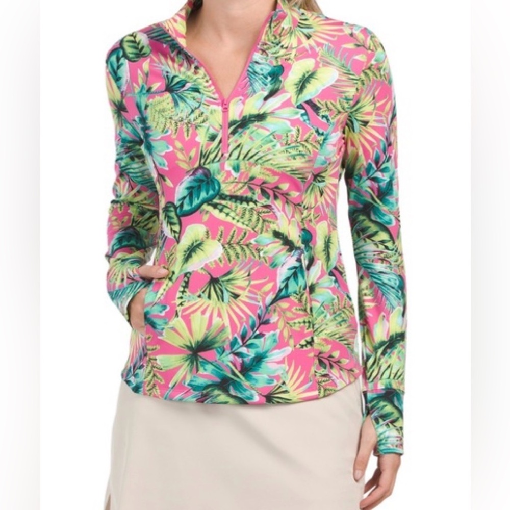Tommy Bahama Island Zone Pink and Green Tropical Print 1/4 Zip Top